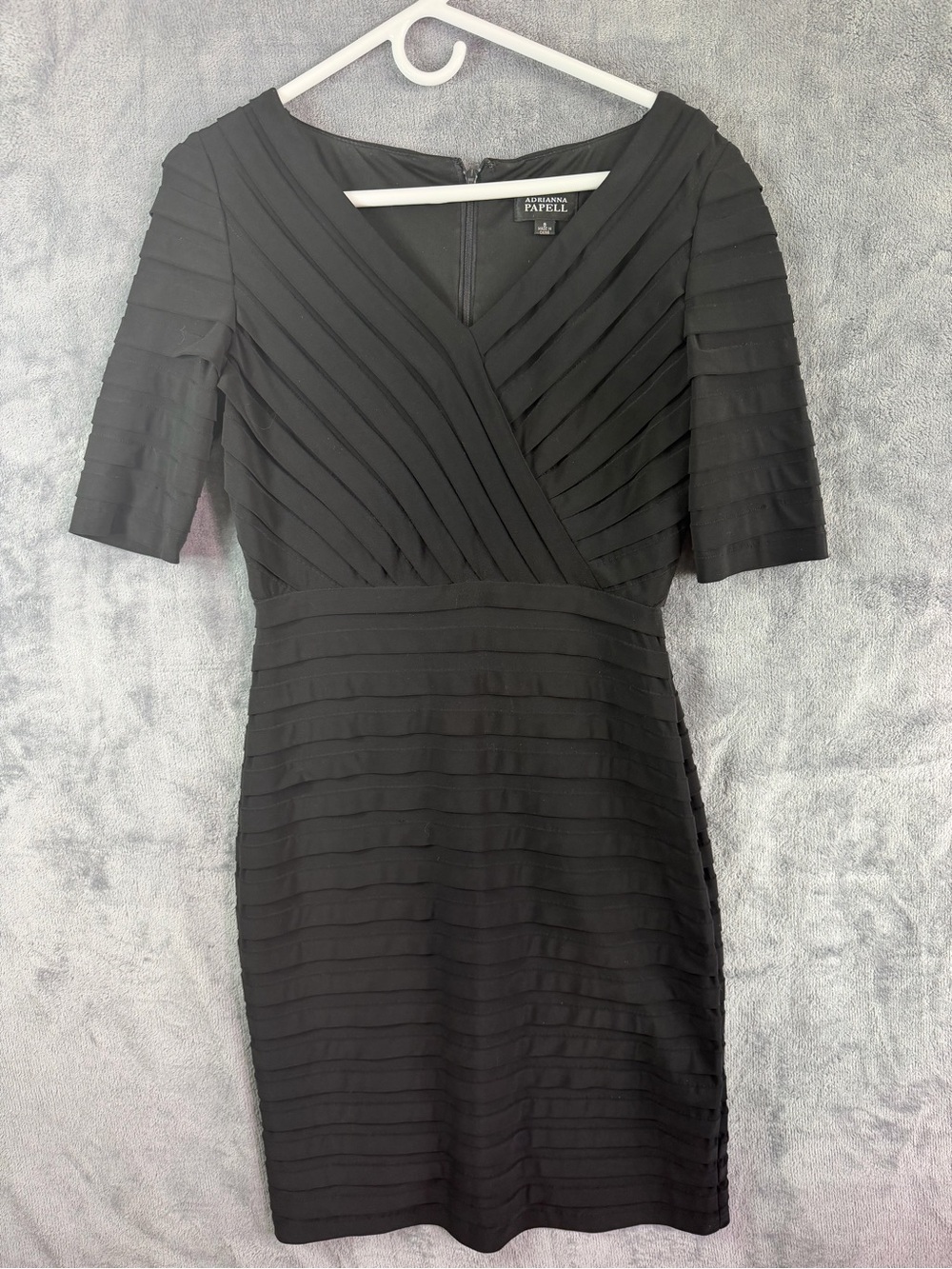 Adrianna Papell Black Sheath Cocktail Dress Size 8 Pleated Midi Elegant